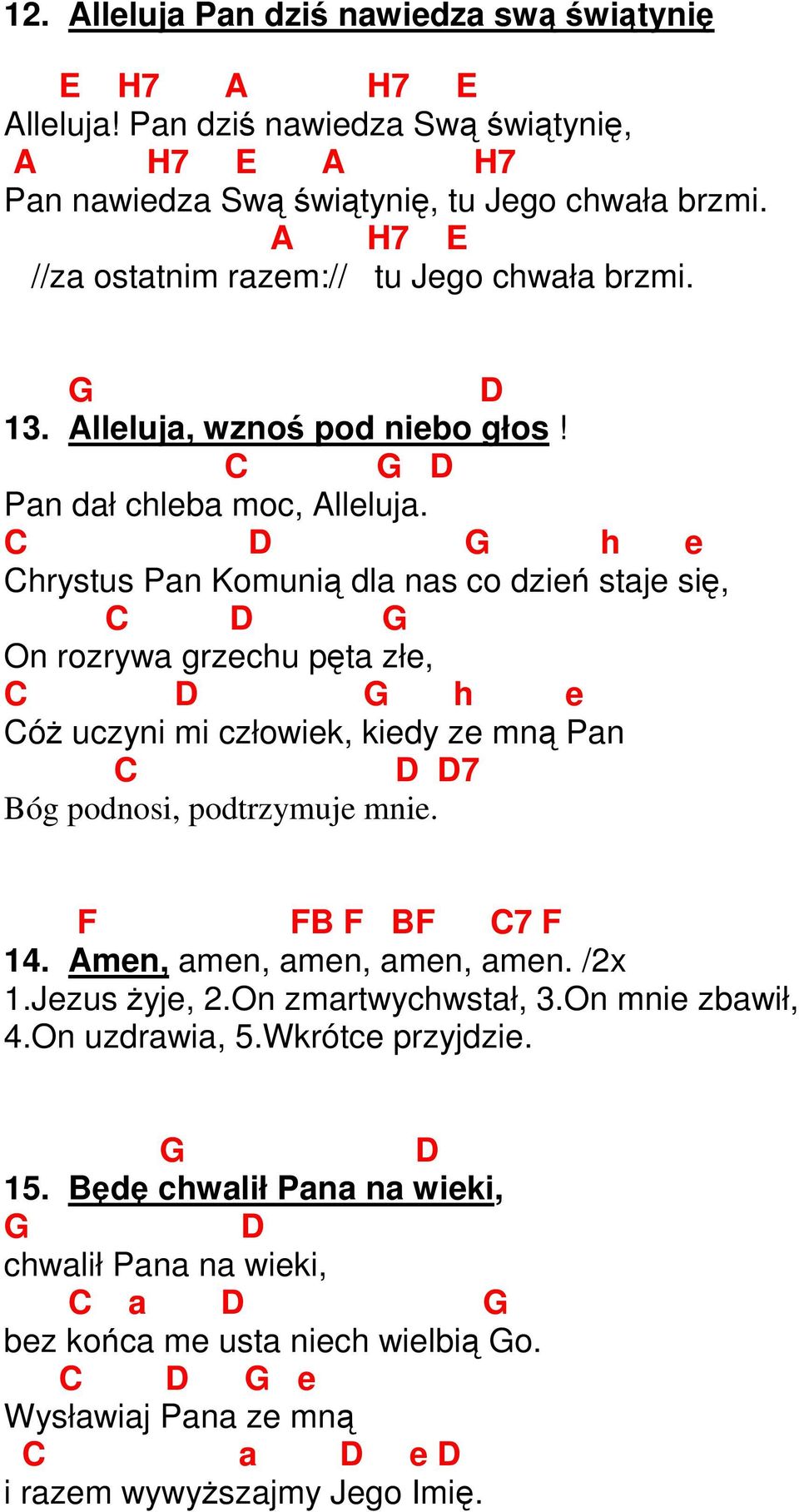 C h e Chrystus Pan Komunią dla nas co dzień staje się, C On rozrywa grzechu pęta złe, C h e Cóż uczyni mi człowiek, kiedy ze mną Pan C 7 Bóg podnosi, podtrzymuje mnie. F FB F BF C7 F 14.