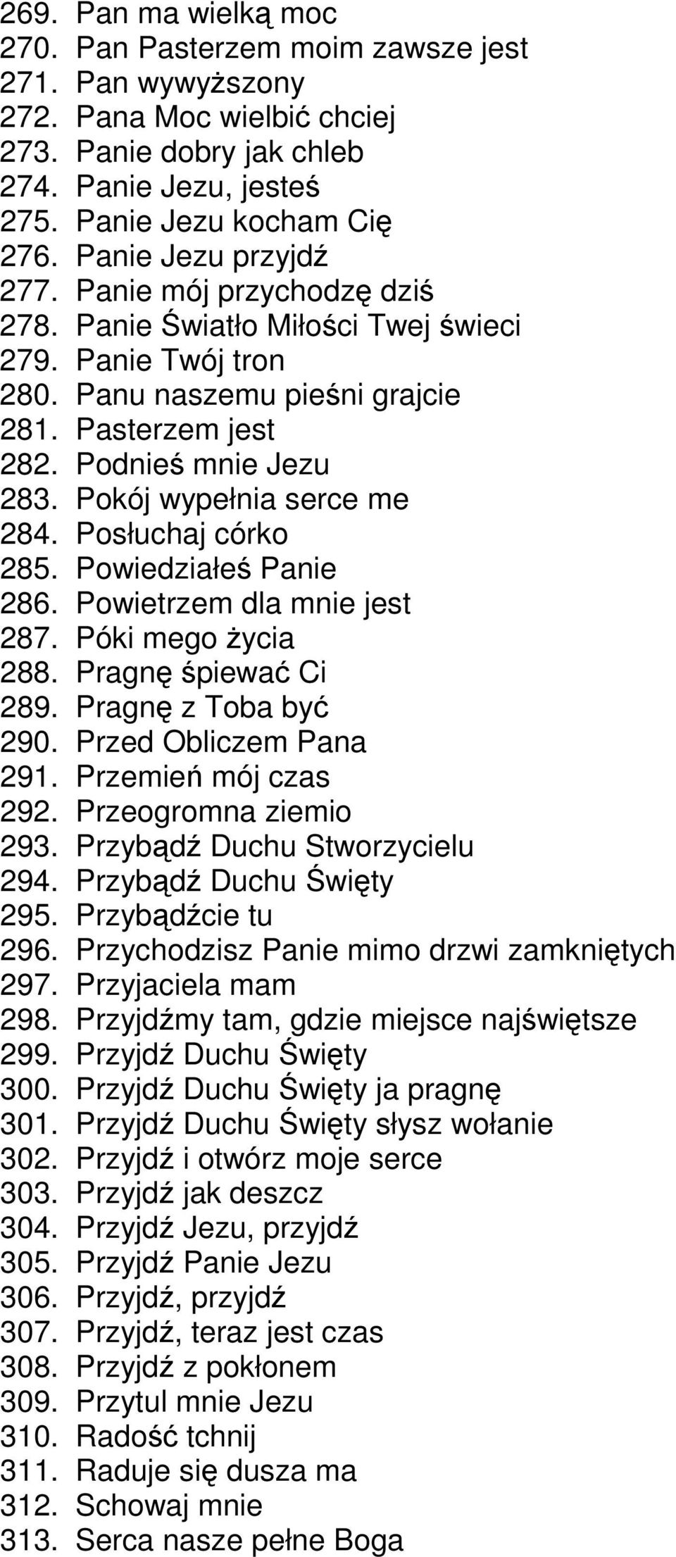 Pokój wypełnia serce me 284. Posłuchaj córko 285. Powiedziałeś Panie 286. Powietrzem dla mnie jest 287. Póki mego życia 288. Pragnę śpiewać Ci 289. Pragnę z Toba być 290. Przed Obliczem Pana 291.