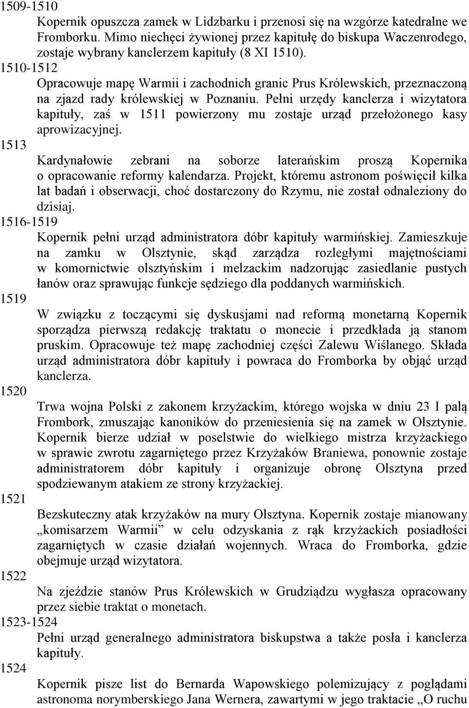 1510-1512 Opracowuje mapę Warmii i zachodnich granic Prus Królewskich, przeznaczoną na zjazd rady królewskiej w Poznaniu.