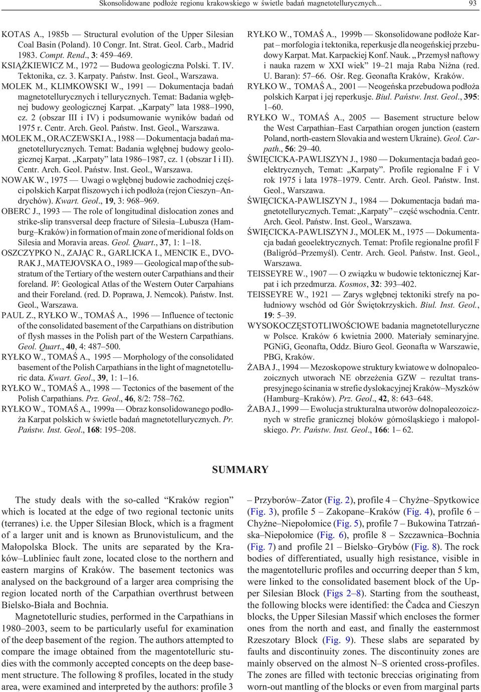 , 1991 Dokumentacja badañ magnetotellurycznych i tellurycznych. Temat: Badania wg³êbnej budowy geologicznej Karpat. Karpaty lata 1988 1990, cz.