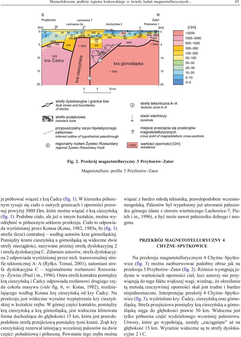 W kierunku pó³nocnym rysuje siê cia³o o ostrych granicach i opornoœci pozornej powy ej 3000 m, które mo na wi¹zaæ z kr¹ cieszyñsk¹ (fig. 1).