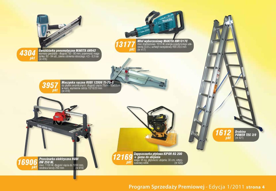 Maszynka ręczna RUBI 12906 TI-75-S do płytek ceramicznych; długość cięcia 75cm - 53x53cm w karo, wymienne ostrza 10/18/20 mm (nr 418) 1612 Drabina POWER TEC 3/9 (nr 421) 16906 Przecinarka elektryczna