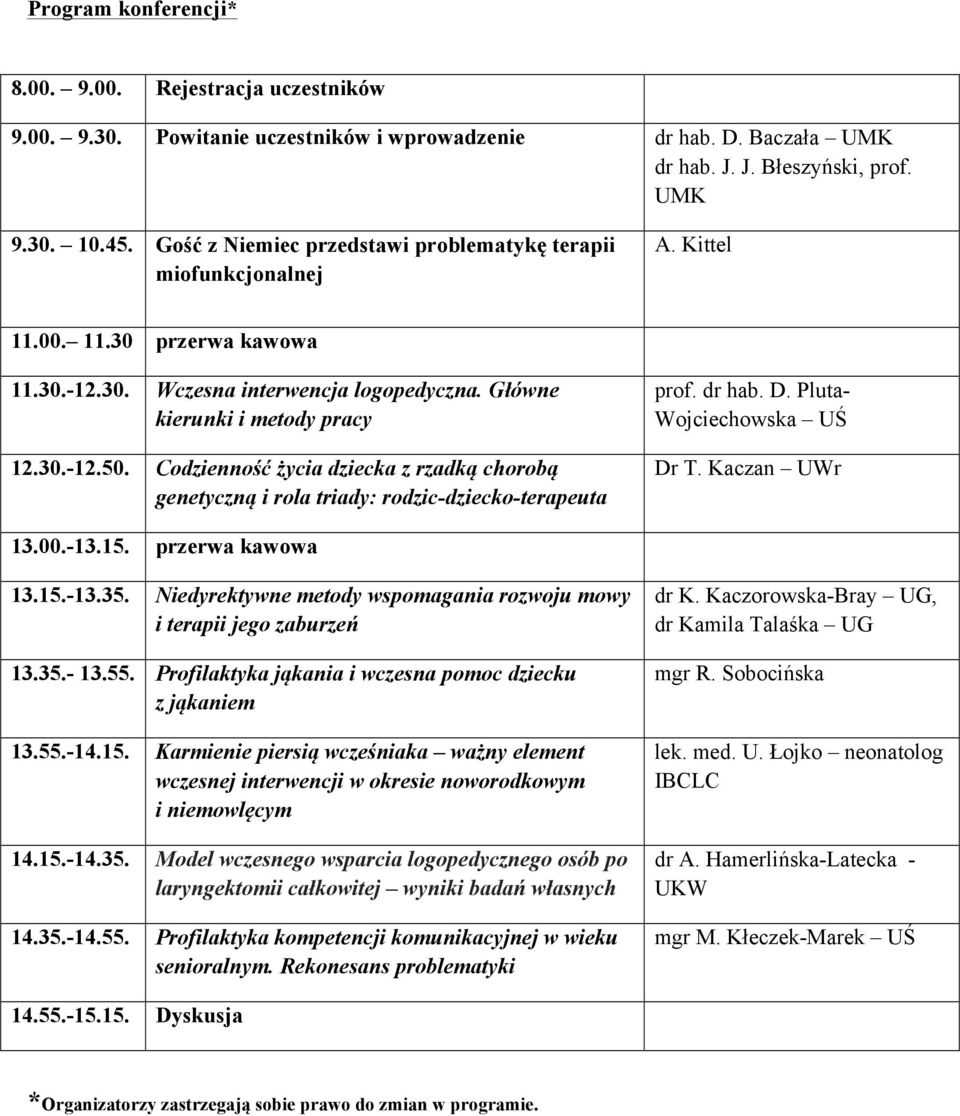 Codzienność życia dziecka z rzadką chorobą genetyczną i rola triady: rodzic-dziecko-terapeuta prof. dr hab. D. Pluta- Wojciechowska UŚ Dr T. Kaczan UWr 13.00.-13.15. przerwa kawowa 13.15.-13.35.