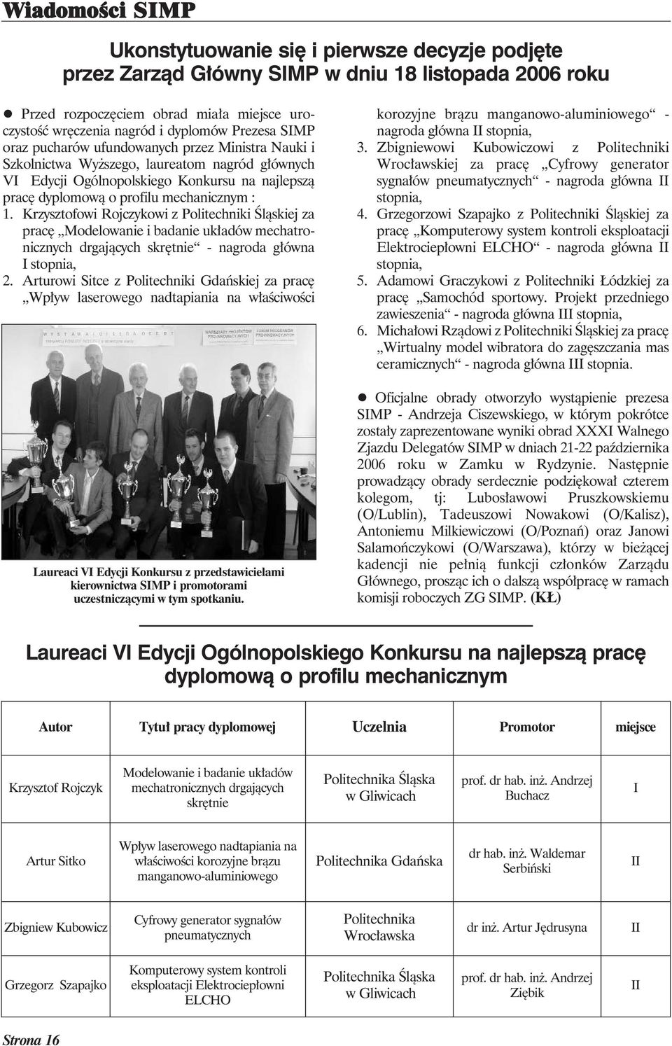 1. Krzysztofowi Rojczykowi z Politechniki Śląskiej za pracę Modelowanie i badanie układów mechatronicznych drgających skrętnie - nagroda główna I stopnia, 2.