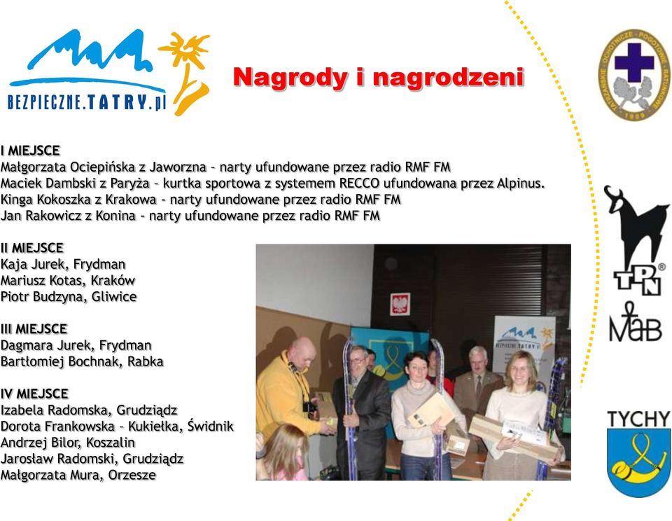 Kinga Kokoszka z Krakowa - narty ufundowane przez radio RMF FM Jan Rakowicz z Konina - narty ufundowane przez radio RMF FM II MIEJSCE Kaja Jurek,