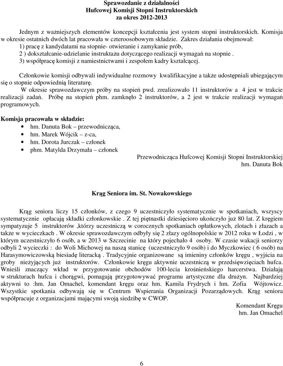 Zakres działania obejmował: 1) pracę z kandydatami na stopnie- otwieranie i zamykanie prób, 2 ) dokształcanie-udzielanie instruktażu dotyczącego realizacji wymagań na stopnie.