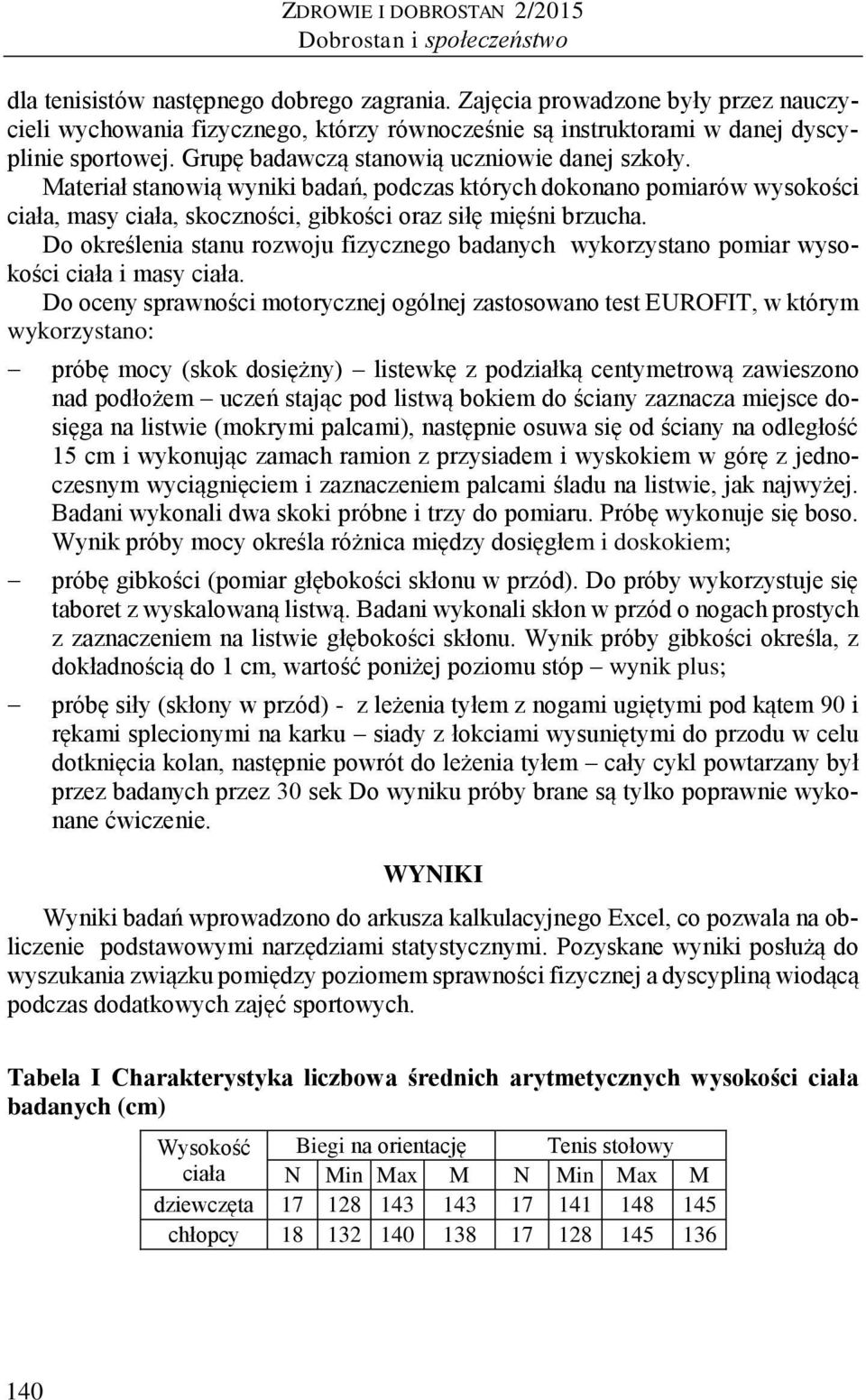 Materiał stanowią wyniki badań, podczas których dokonano pomiarów wysokości ciała, masy ciała, skoczności, gibkości oraz siłę mięśni brzucha.