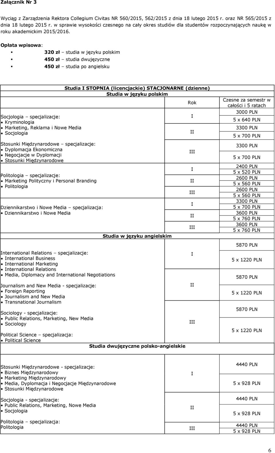 Opłata wpisowa: 320 zł studia w języku polskim 450 zł studia dwujęzyczne 450 zł studia po angielsku Socjologia specjalizacje: Kryminologia Marketing, Reklama i Nowe Media Socjologia Stosunki