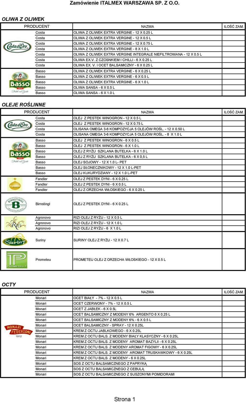 25 L OLIWA Z OLIWEK EXTRA VERGINE - 6 X 0.5 L OLIWA Z OLIWEK EXTRA VERGINE - 6 X 1.0 L OLIWA SANSA - 6 X 0.5 L OLIWA SANSA - 6 X 1.