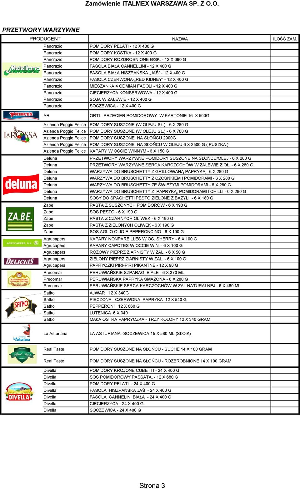 X 400 G SOJA W ZALEWIE - 12 X 400 G SOCZEWICA - 12 X 400 G ORTI - PRZECIER POMIDOROWY W KARTONIE 16 X 500G Azienda Poggio Felice POMIDORY SUSZONE (W OLEJU SŁ.