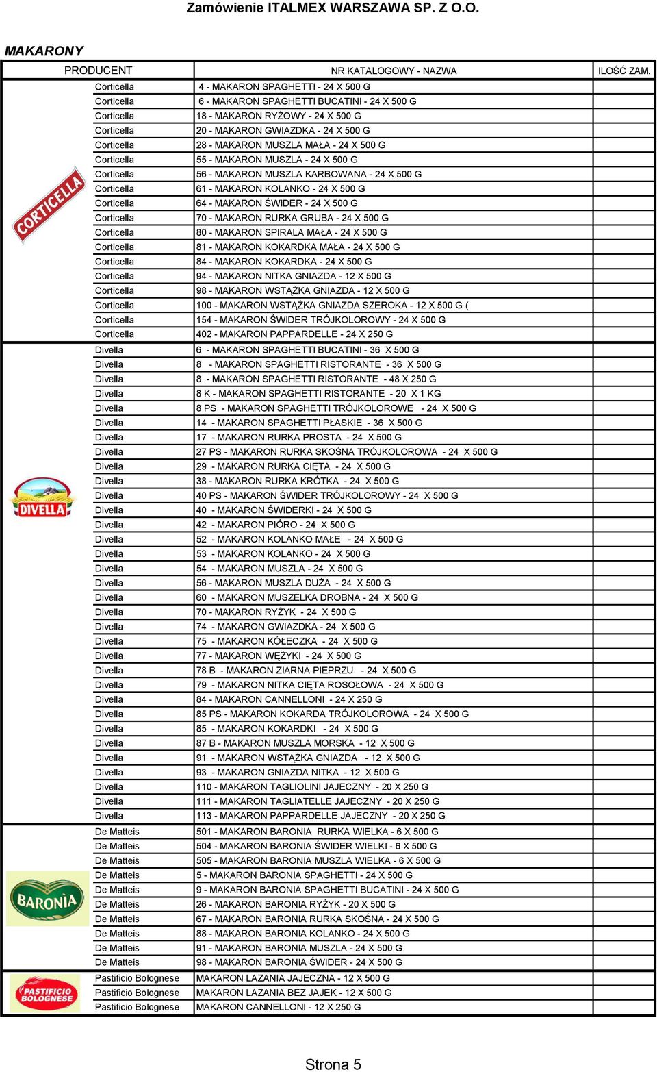 MAKARON SPIRALA MAŁA - 24 X 500 G 81 - MAKARON KOKARDKA MAŁA - 24 X 500 G 84 - MAKARON KOKARDKA - 24 X 500 G 94 - MAKARON NITKA GNIAZDA - 12 X 500 G 98 - MAKARON WSTĄŻKA GNIAZDA - 12 X 500 G 100 -