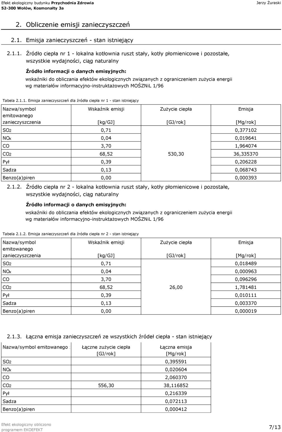 1. Źródło ciepła nr 1 - lokalna kotłownia ruszt stały, kotły płomienicowe i pozostałe, wszystkie wydajności, ciąg naturalny Źródło informacji o danych emisyjnych: wskaźniki do obliczania efektów