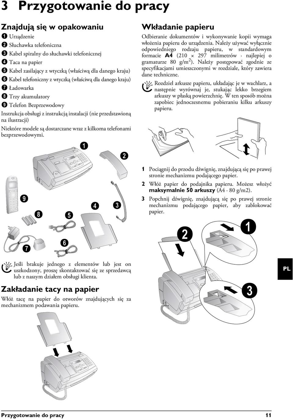 Instrukcja obsługi z instrukcją instalacji (nie przedstawioną na ilustracji) Kilka telefonów bezprzewodowych Niektóre modele są dostarczane wraz z kilkoma telefonami bezprzewodowymi.