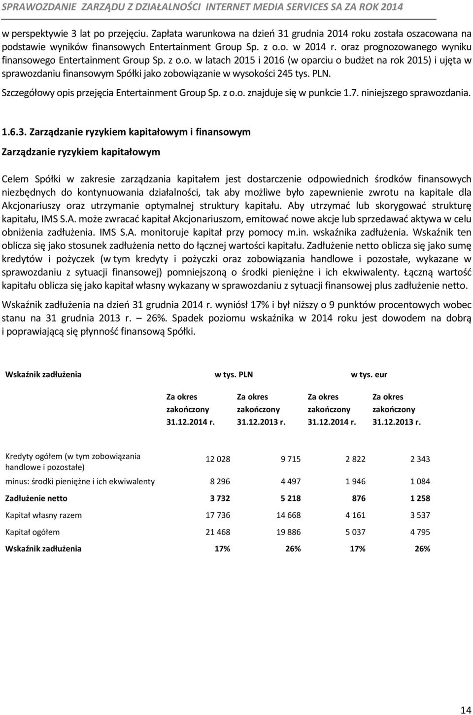 PLN. Szczegółowy opis przejęcia Entertainment Group Sp. z o.o. znajduje się w punkcie 1.7. niniejszego sprawozdania. 1.6.3.