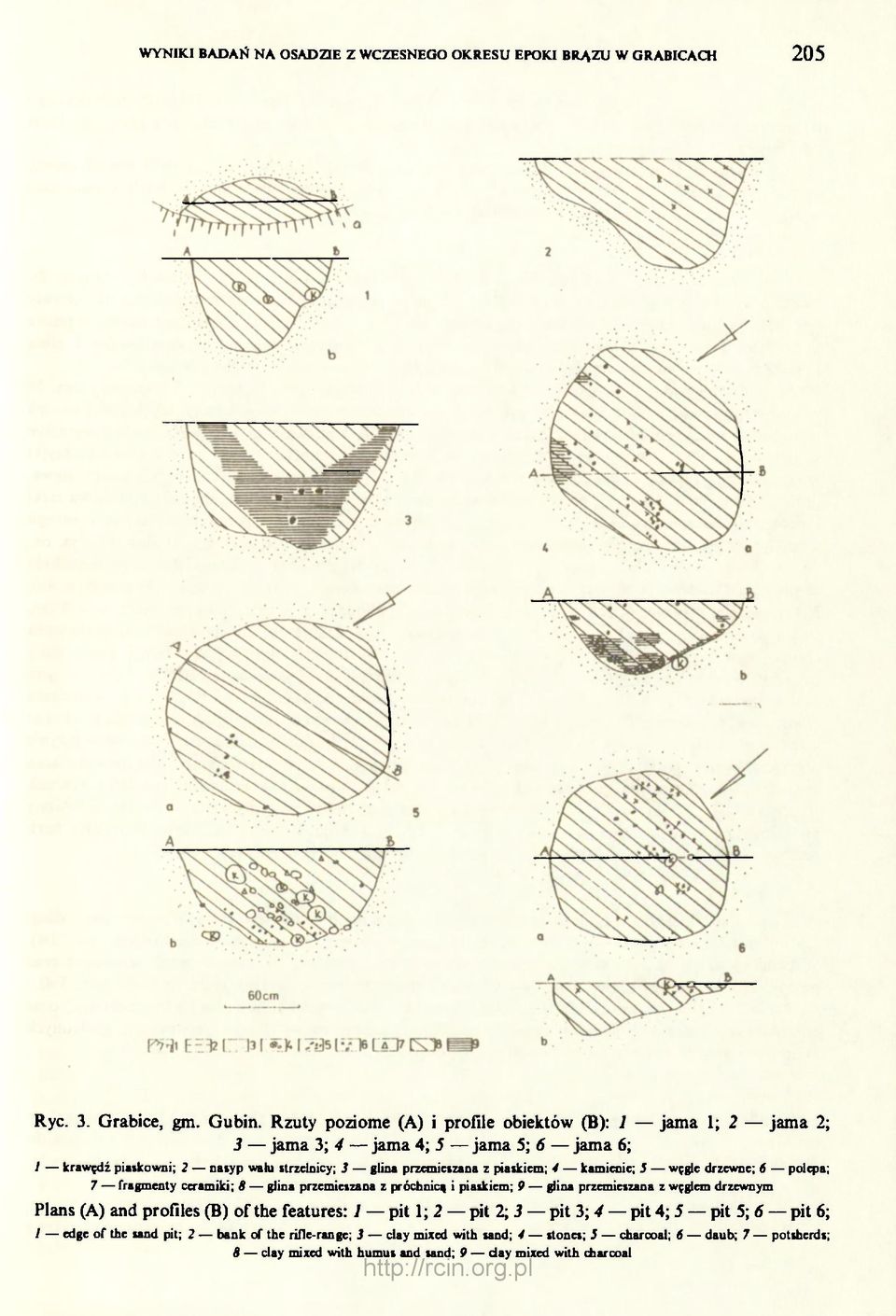 piaskiem; 4 kamienie; 5 węgle drzewne; 6 polepa; 7 fragmenty ceramiki; 8 glina przemieszana z próchnicą i piaskiem; 9 glina przemieszana z węglem drzewnym Plans (A) and