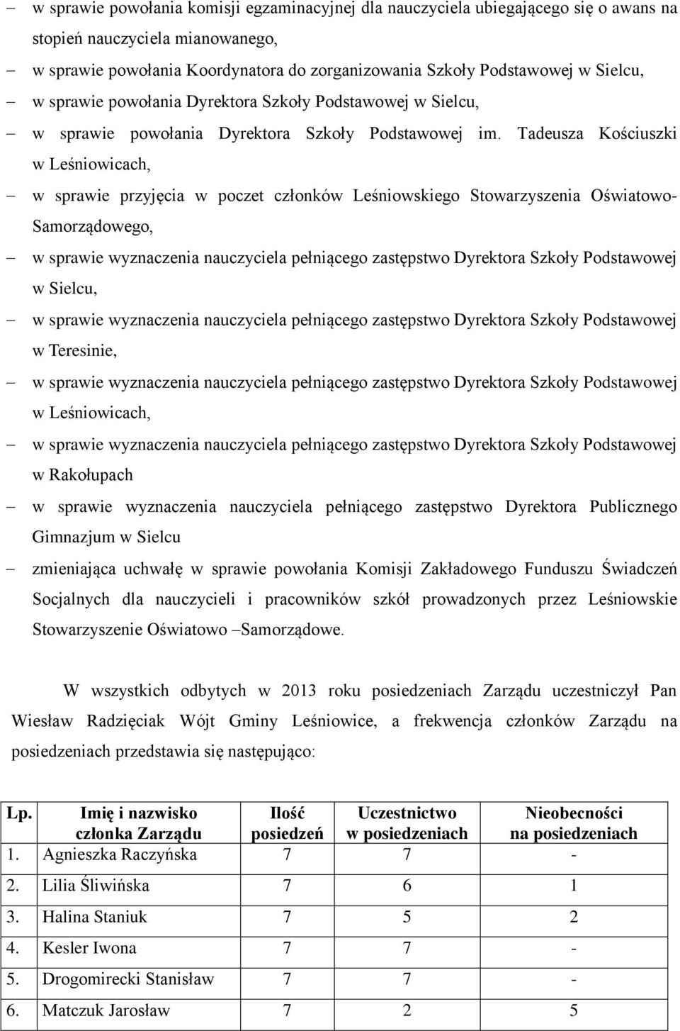 Tadeusza Kościuszki w sprawie przyjęcia w poczet członków Leśniowskiego Stowarzyszenia Oświatowo- Samorządowego, w Sielcu, w Teresinie, w Rakołupach w sprawie wyznaczenia nauczyciela pełniącego