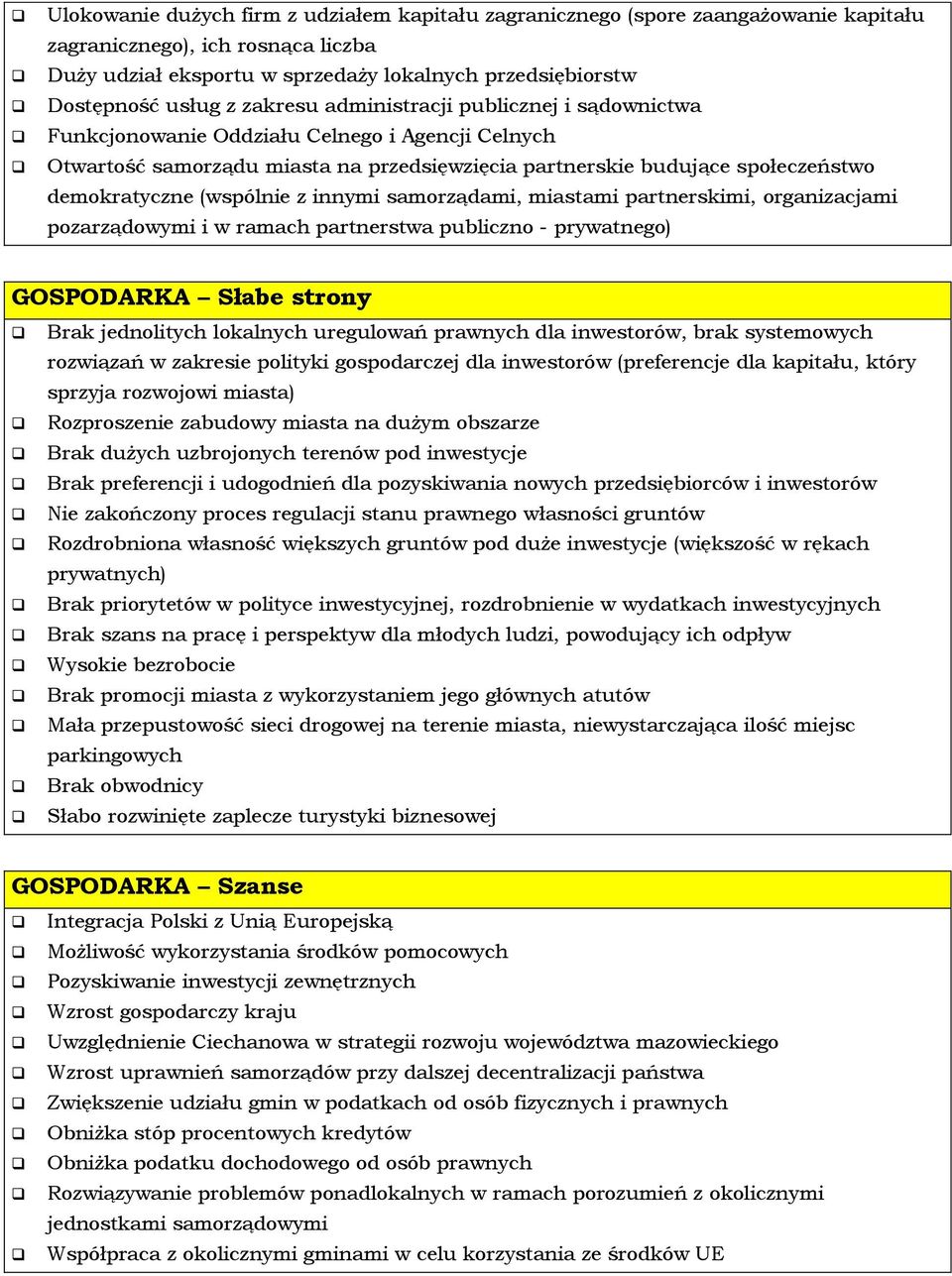 (wspólnie z innymi samorządami, miastami partnerskimi, organizacjami pozarządowymi i w ramach partnerstwa publiczno - prywatnego) GOSPODARKA Słabe strony Brak jednolitych lokalnych uregulowań