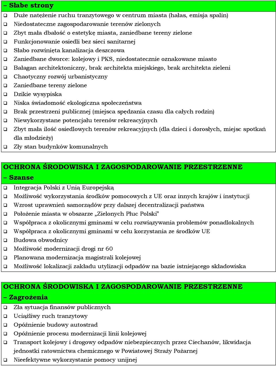 miejskiego, brak architekta zieleni Chaotyczny rozwój urbanistyczny Zaniedbane tereny zielone Dzikie wysypiska Niska świadomość ekologiczna społeczeństwa Brak przestrzeni publicznej (miejsca