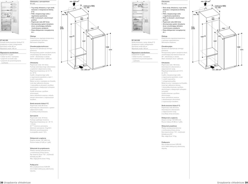 bezpiecznego szkła z regulowaną wysokością Półki na drzwiach z aluminiowym profilem Pojemność netto 224 litrów Amortyzowany system domykania drzwi, umożliwiający delikatne i kontrolowane zamykanie RT