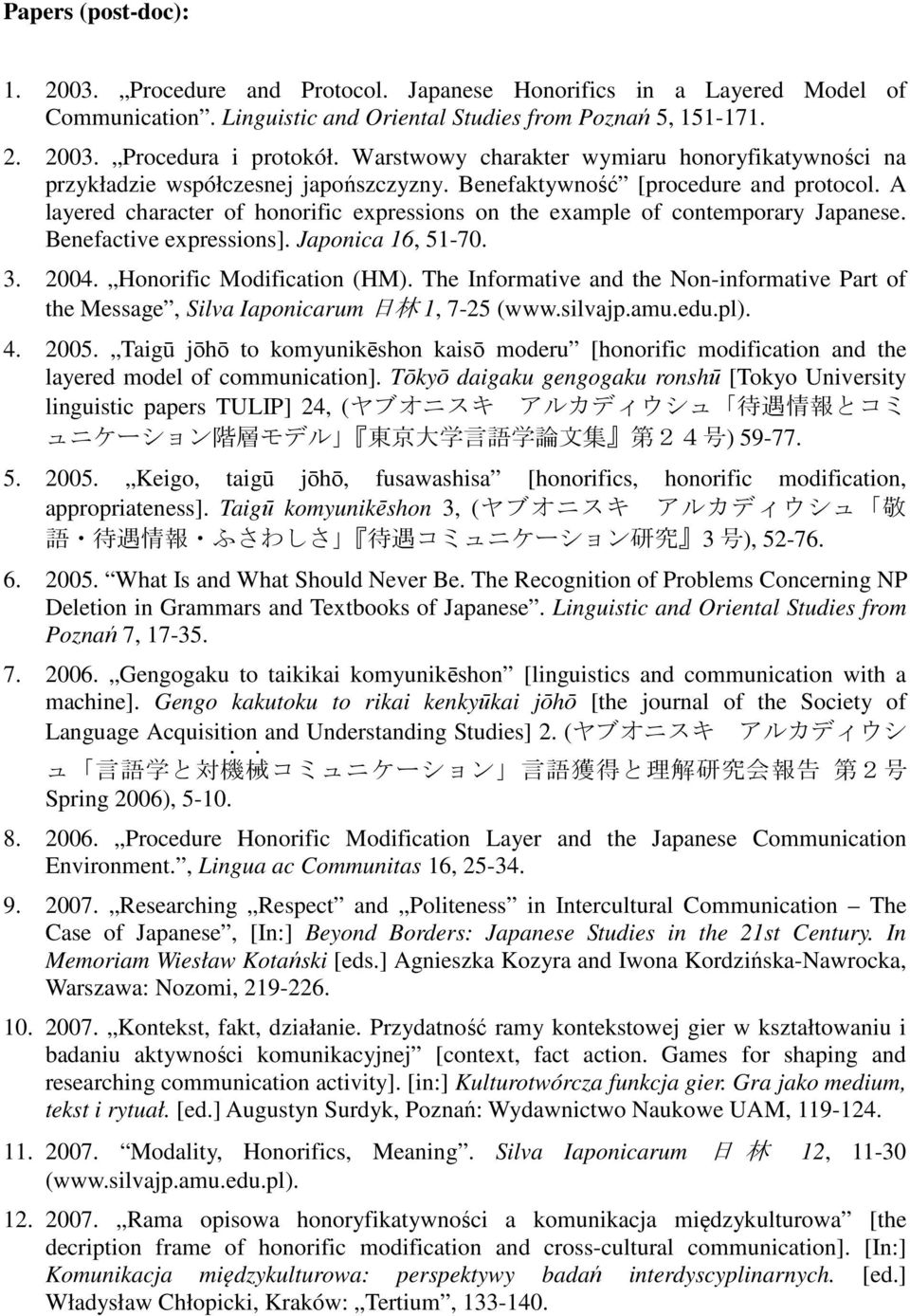 A layered character of honorific expressions on the example of contemporary Japanese. Benefactive expressions]. Japonica 16, 51-70. 3. 2004. Honorific Modification (HM).