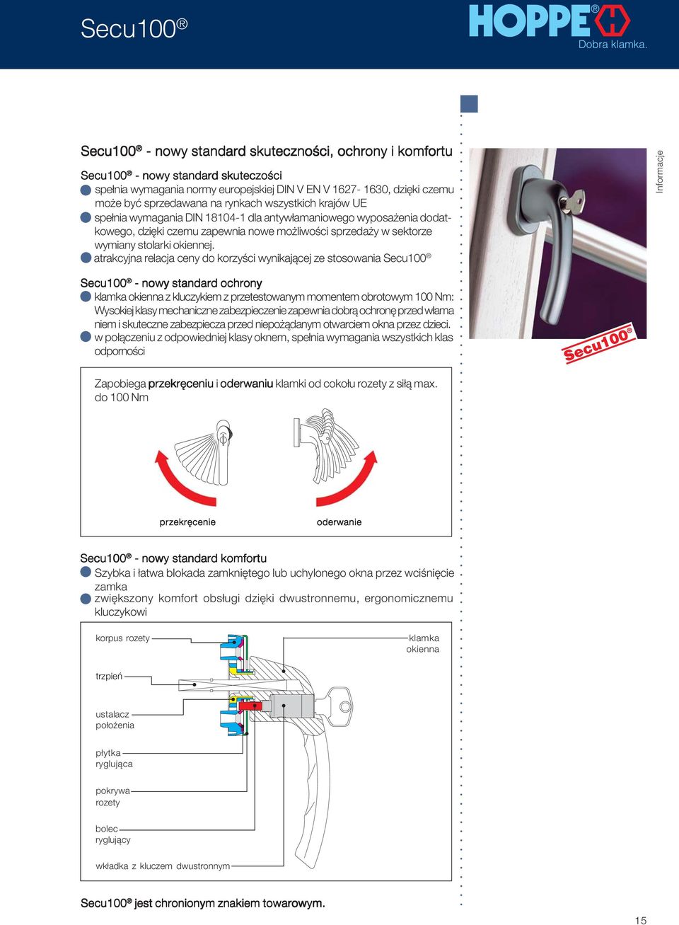 atrakcyjna relacja ceny do korzyści wynikającej ze stosowania Secu100 Secu100 - nowy standard ochrony klamka okienna z kluczykiem z przetestowanym momentem obrotowym 100 Nm: Wysokiej klasy