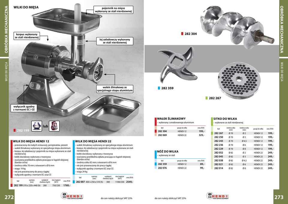 stali nierdzewnej 282 199 WILK DO MIĘSA HENDI 12 przeznaczony do małych restauracji, pensjonatów, pizzerii wałek ślimakowy wykonany ze specjalnego stopu aluminium korpus, lej załadowczy i pojemnik na
