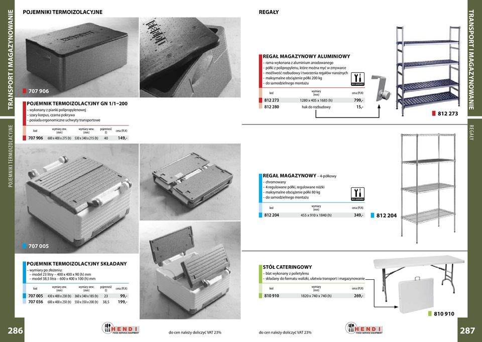 obciążenie półki 200 kg 812 273 1280 x 405 x 1685 (h) 799,- 812 280 hak do rozbudowy 15,- 812 273 TRANSPORT I MAGAZYNOWANIE POJEMNIKI TERMOIZOLACYJNE zew. wew.