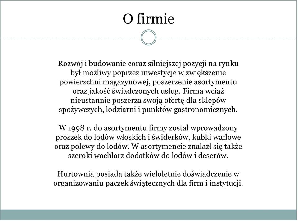 W 1998 r. do asortymentu firmy został wprowadzony proszek do lodów włoskich i świderków, kubki waflowe oraz polewy do lodów.