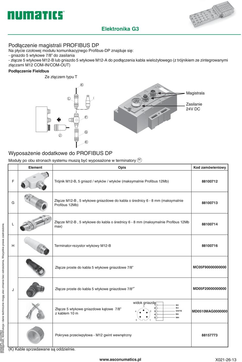 PROFIBUS DP Moduły po obu stronach systemu muszą być wyposażone w terminatory H Element Opis od zamówieniowy F Trójnik M12-B, 5 gniazd / wtyków / wtyków (maksymalnie Profibus 12Mb) 88100712 G Złącze