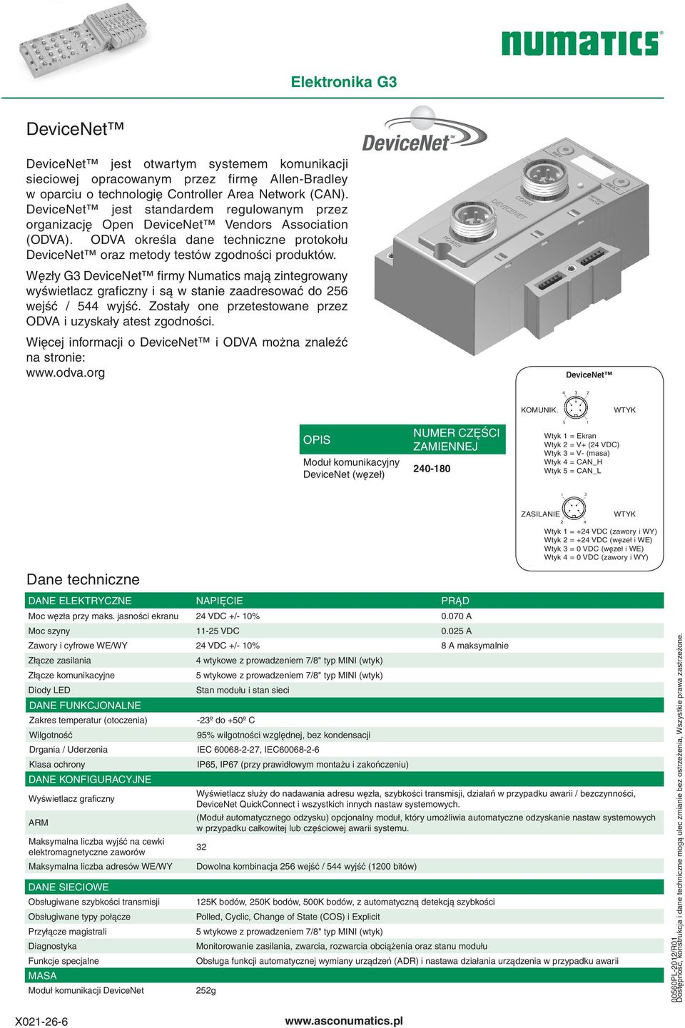 Węzły G3 DeviceNet firmy Numatics mają zintegrowany wyświetlacz graficzny i są w stanie zaadresować do 256 wejść / 5 wyjść. Zostały one przetestowane przez ODVA i uzyskały atest zgodności.