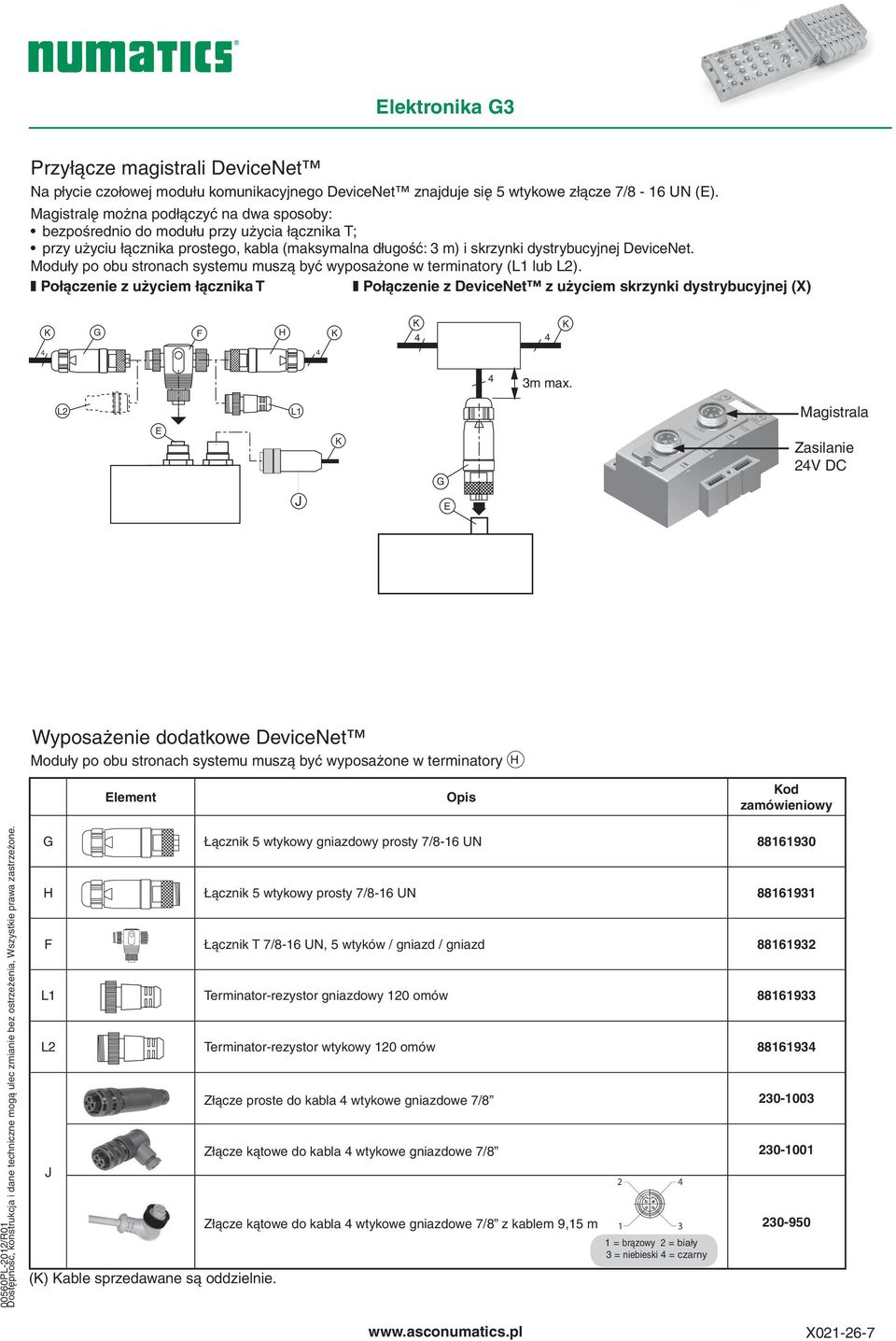 Moduły po obu stronach systemu muszą być wyposażone w terminatory (L1 lub L2). Połączenie z użyciem łącznika T Połączenie z DeviceNet z użyciem skrzynki dystrybucyjnej (X) G F H 3m max.