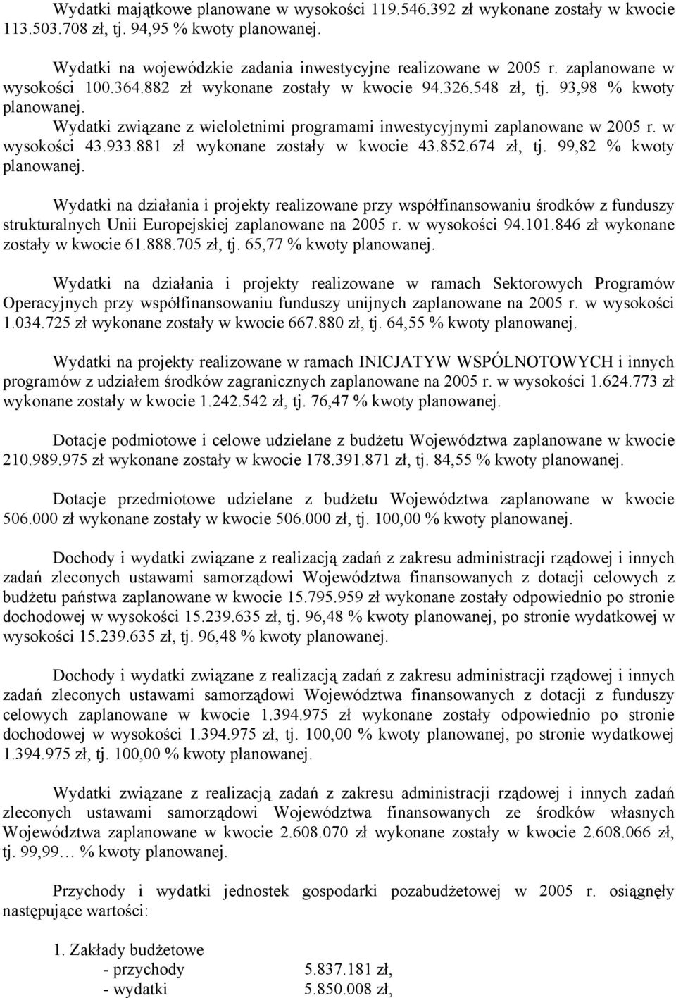 w wysokości 43.933.881 zł wykonane zostały w kwocie 43.852.674 zł, tj. 99,82 % kwoty planowanej.