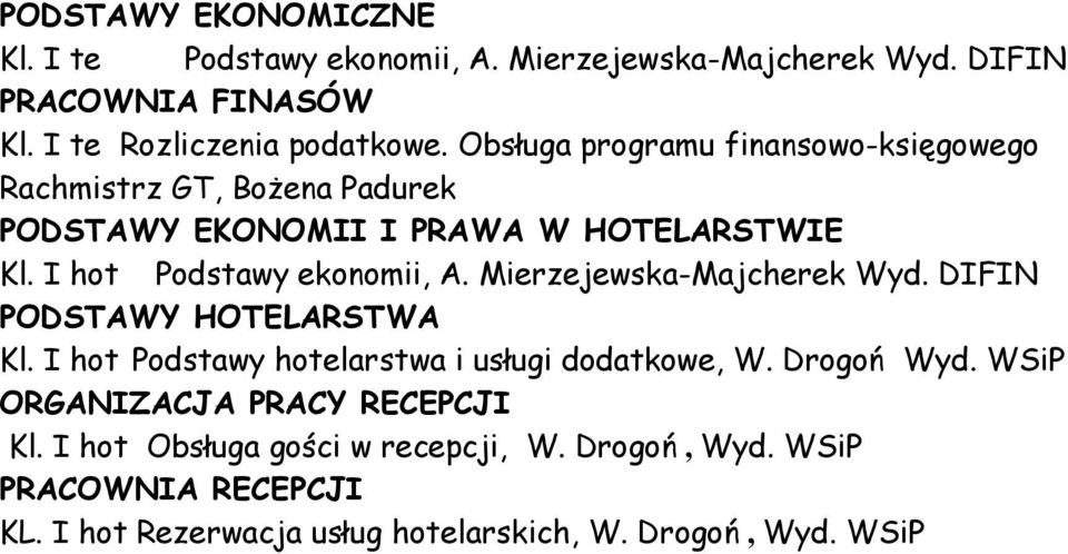 Mierzejewska-Majcherek Wyd. DIFIN PODSTAWY HOTELARSTWA Kl. I hot Podstawy hotelarstwa i usługi dodatkowe, W. Drogoń Wyd.