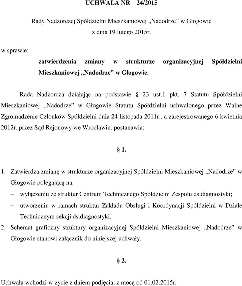 7 Statutu Spółdzielni Mieszkaniowej Nadodrze w Głogowie Statutu Spółdzielni uchwalonego przez Walne Zgromadzenie Członków Spółdzielni dnia 24 listopada 2011r., a zarejestrowanego 6 kwietnia 2012r.