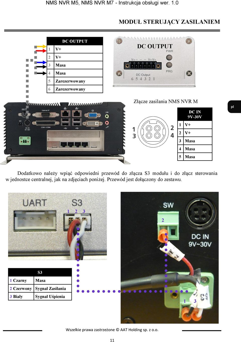 Złącze zasilania NMS NVR M DC IN 9V-30V 1 V+ 2 V+ 3 Masa 4 Masa 5 Masa Dodatkowo należy wpiąć odpowiedni przewód do złącza