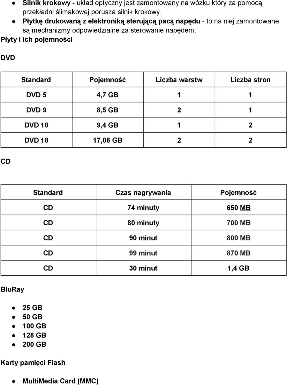 Płyty i ich pojemności DVD Standard Pojemność Liczba warstw Liczba stron DVD 5 4,7 GB 1 1 DVD 9 8,5 GB 2 1 DVD 10 9,4 GB 1 2 DVD 18 17,08 GB 2 2 CD