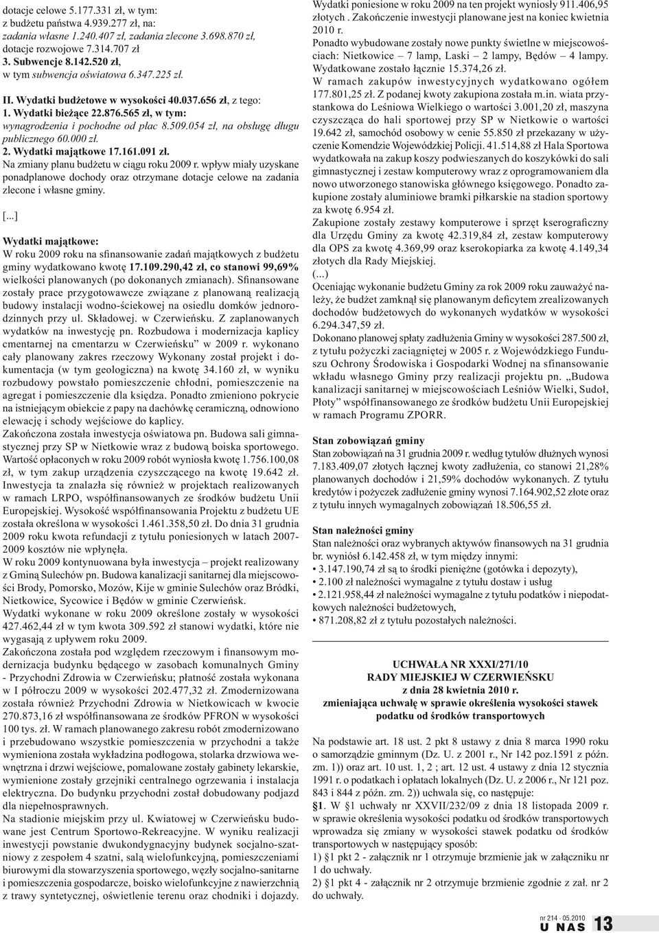 054 zł, na obsługę długu publicznego 60.000 zł. 2. Wydatki majątkowe 17.161.091 zł. Na zmiany planu budżetu w ciągu roku 2009 r.