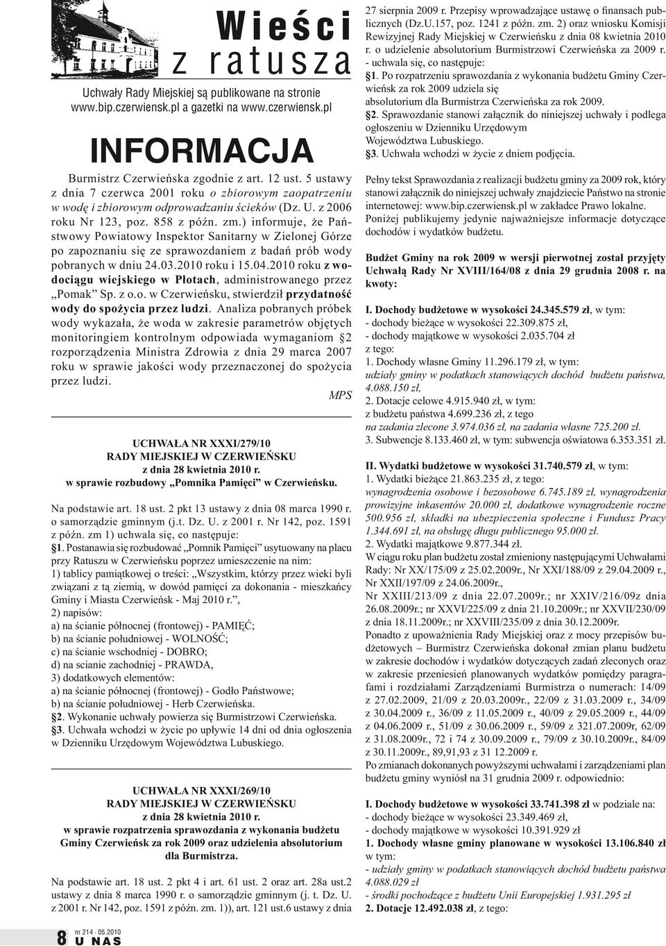 ) informuje, że Państwowy Powiatowy Inspektor Sanitarny w Zielonej Górze po zapoznaniu się ze sprawozdaniem z badań prób wody pobranych w dniu 24.03.2010 roku i 15.04.