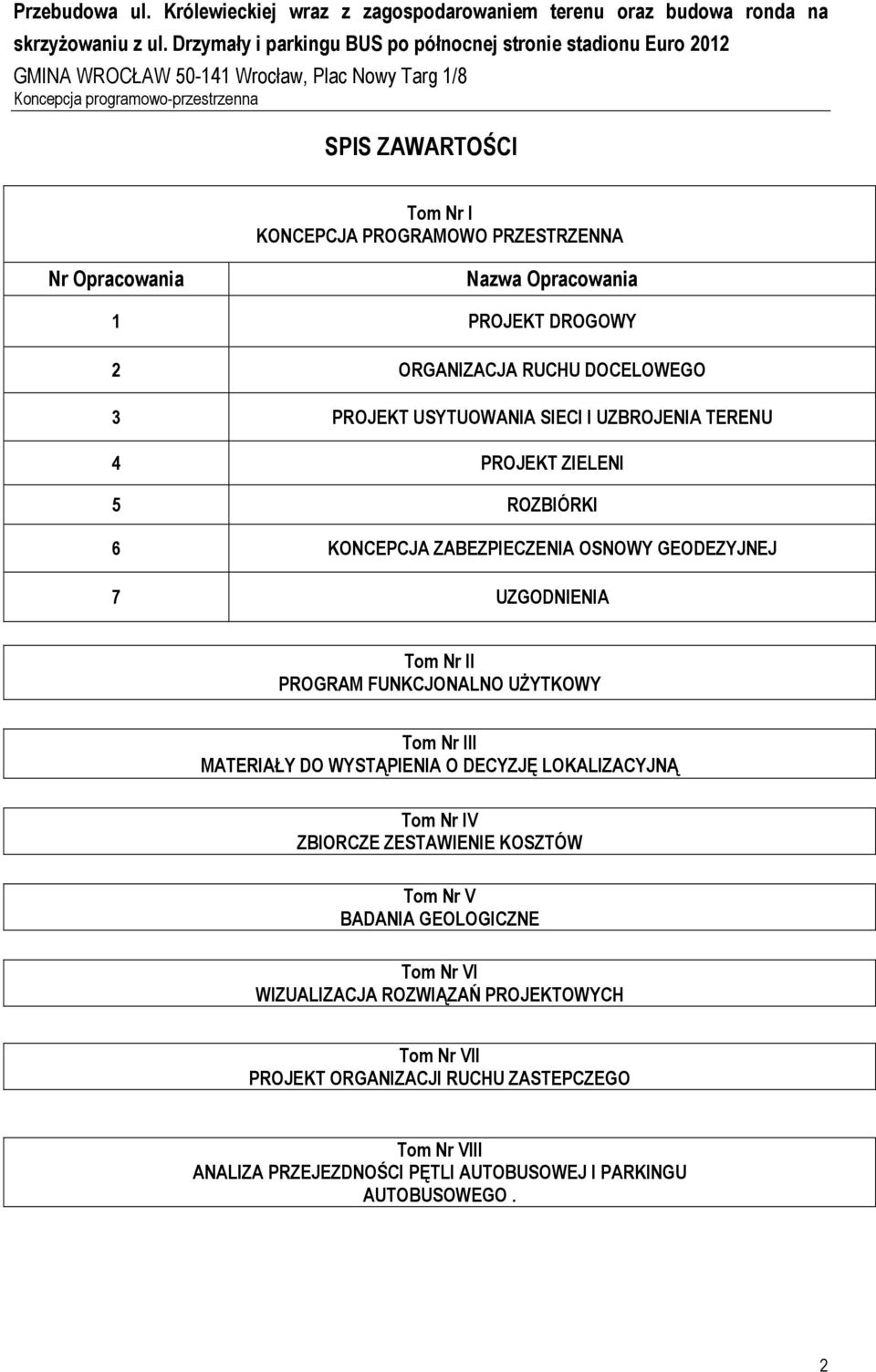 Tom Nr II PROGRAM FUNKCJONALNO UśYTKOWY Tom Nr III MATERIAŁY DO WYSTĄPIENIA O DECYZJĘ LOKALIZACYJNĄ Tom Nr IV ZBIORCZE ZESTAWIENIE KOSZTÓW Tom Nr V BADANIA GEOLOGICZNE