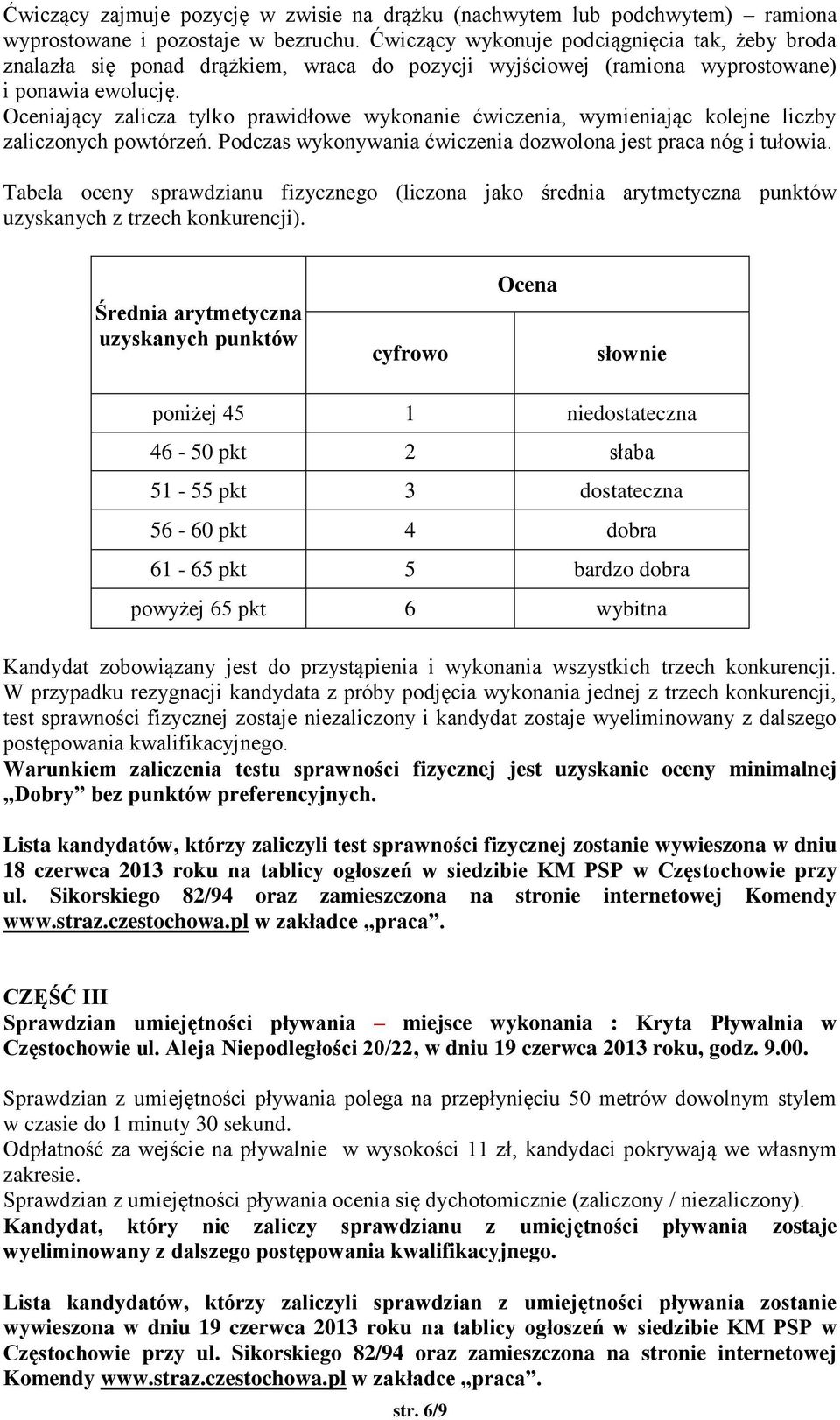 Oceniający zalicza tylko prawidłowe wykonanie ćwiczenia, wymieniając kolejne liczby zaliczonych powtórzeń. Podczas wykonywania ćwiczenia dozwolona jest praca nóg i tułowia.