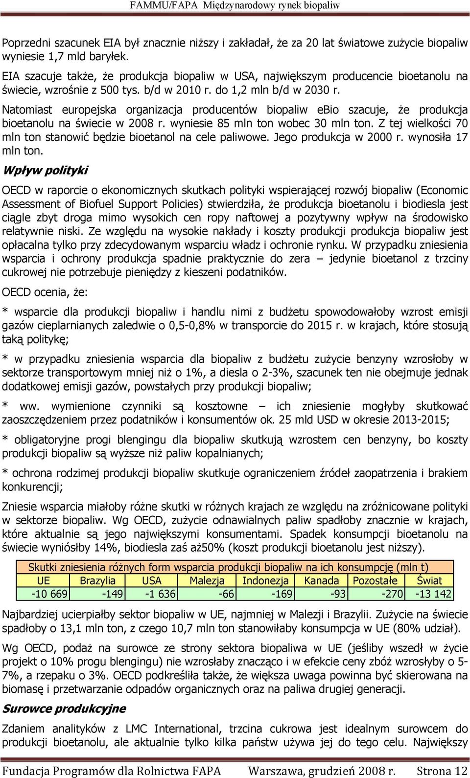 Natomiast europejska organizacja producentów biopaliw ebio szacuje, że produkcja bioetanolu na świecie w 2008 r. wyniesie 85 mln ton wobec 30 mln ton.