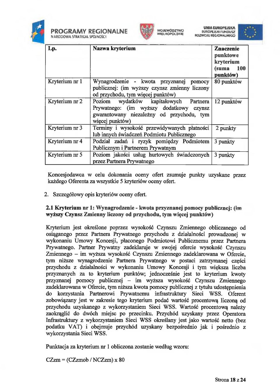 więcej punktów) Kryterium nr 2 Poziom wydatków kapitałowych Partnera 12 punktów Prywatnego: (im wyższy dodatkowy czynsz gwarantowany niezależny od przychodu, tym więcej punktów) Kryterium nr 3