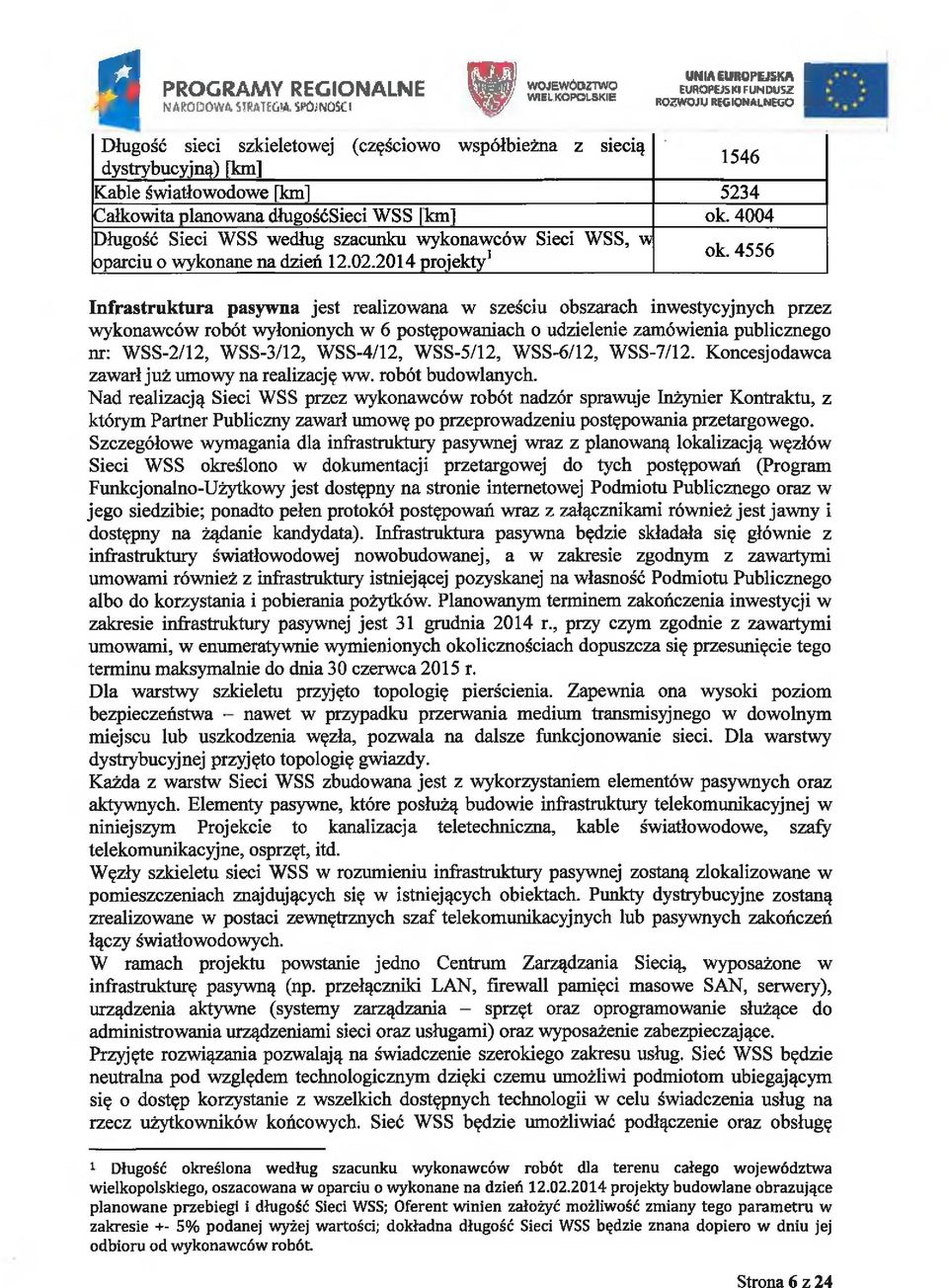 długośćsieci WSS km] ok. 4004 Długość Sieci WSS według szacunku wykonawców Sieci WSS, w oparciu o wykonane na dzień 12.02.2014 projekty1 ok.