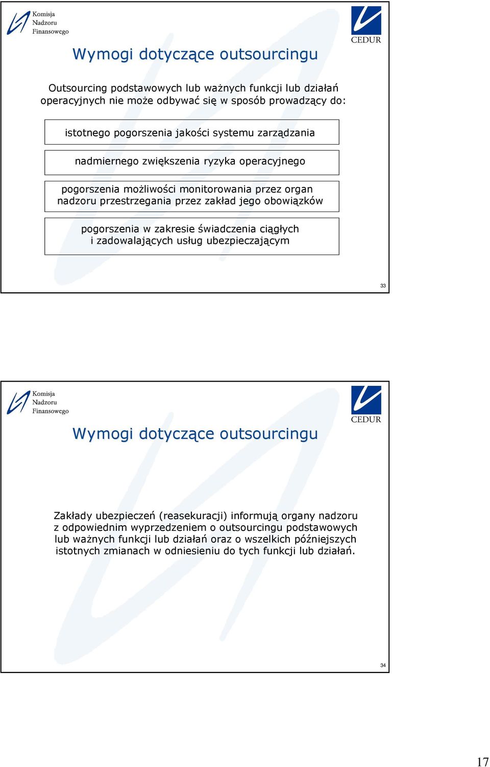 pogorszenia w zakresie świadczenia ciągłych i zadowalających usług ubezpieczającym 33 Wymogi dotyczące ce outsourcingu Zakłady ubezpieczeń (reasekuracji) informują organy