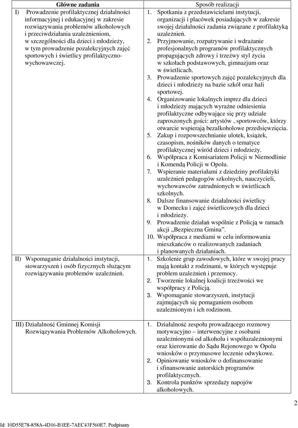 II) Wspomaganie działalności instytucji, stowarzyszeń i osób fizycznych służącym rozwiązywaniu problemów uzależnień. III) Działalność Gminnej Komisji Rozwiązywania Problemów Alkoholowych.