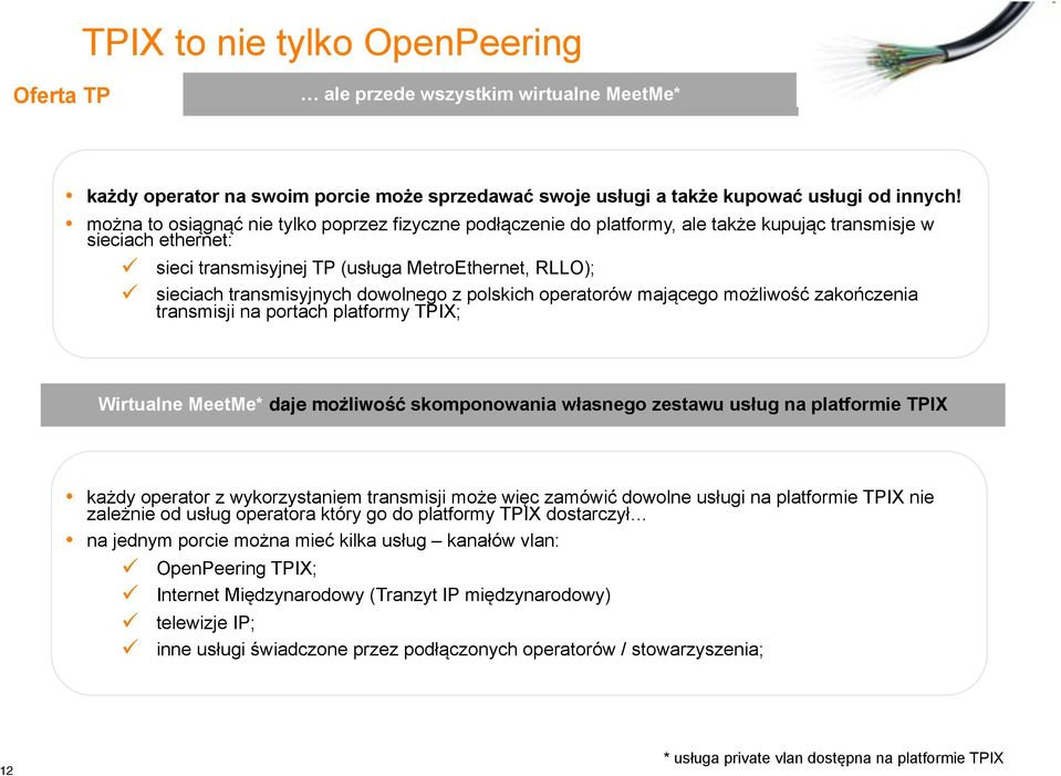 dowolnego z polskich operatorów mającego możliwość zakończenia transmisji na portach platformy TPIX; Wirtualne MeetMe* daje możliwość skomponowania własnego zestawu usług na platformie TPIX każdy