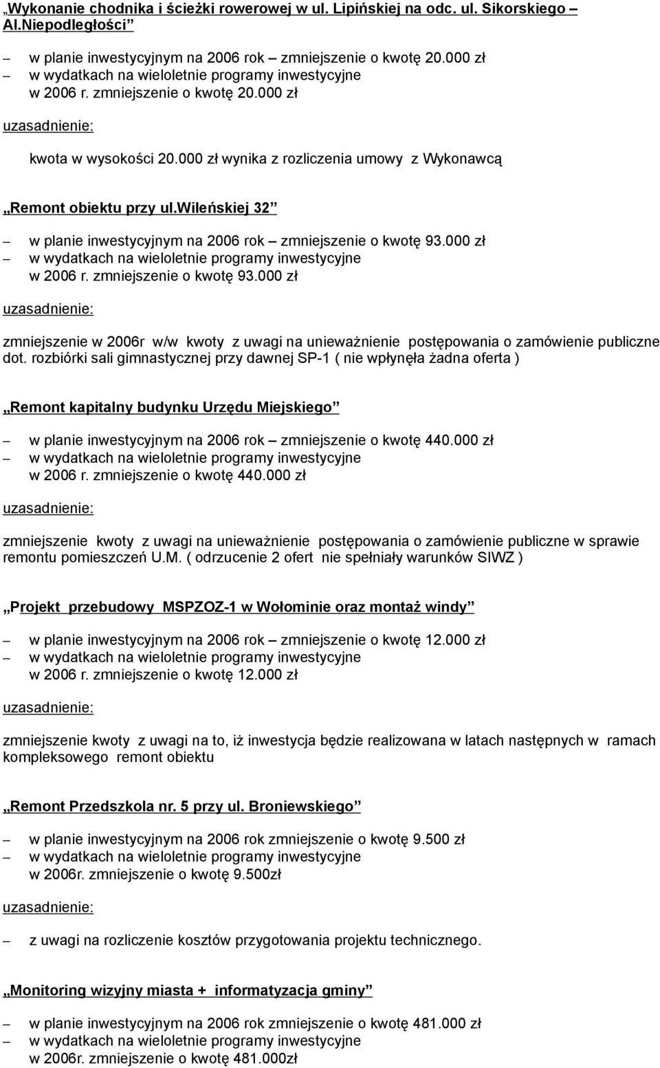 000 zł w 2006 r. zmniejszenie o kwotę 93.000 zł zmniejszenie w 2006r w/w kwoty z uwagi na unieważnienie postępowania o zamówienie publiczne dot.