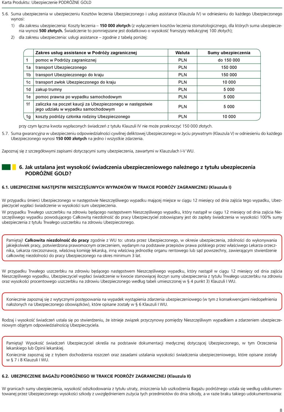 Świadczenie to pomniejszane jest dodatkowo o wysokość franszyzy redukcyjnej 100 złotych); 2) dla zakresu ubezpieczenia: usługi assistance zgodnie z tabelą poniżej: Zakres usług assistance w Podróży