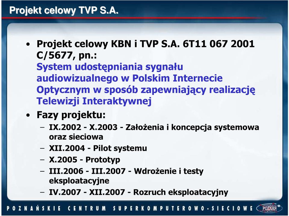 realizację Telewizji Interaktywnej Fazy projektu: IX.2002 - X.