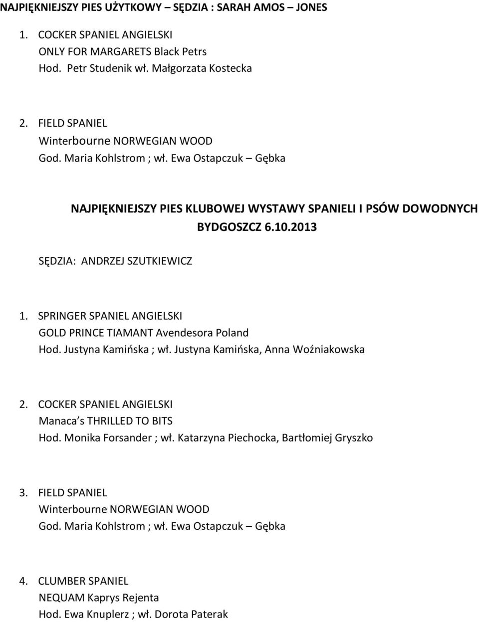 SPRINGER SPANIEL ANGIELSKI GOLD PRINCE TIAMANT Avendesora Poland Hod. Justyna Kamioska ; wł. Justyna Kamioska, Anna Woźniakowska Manaca s THRILLED TO BITS Hod. Monika Forsander ; wł.